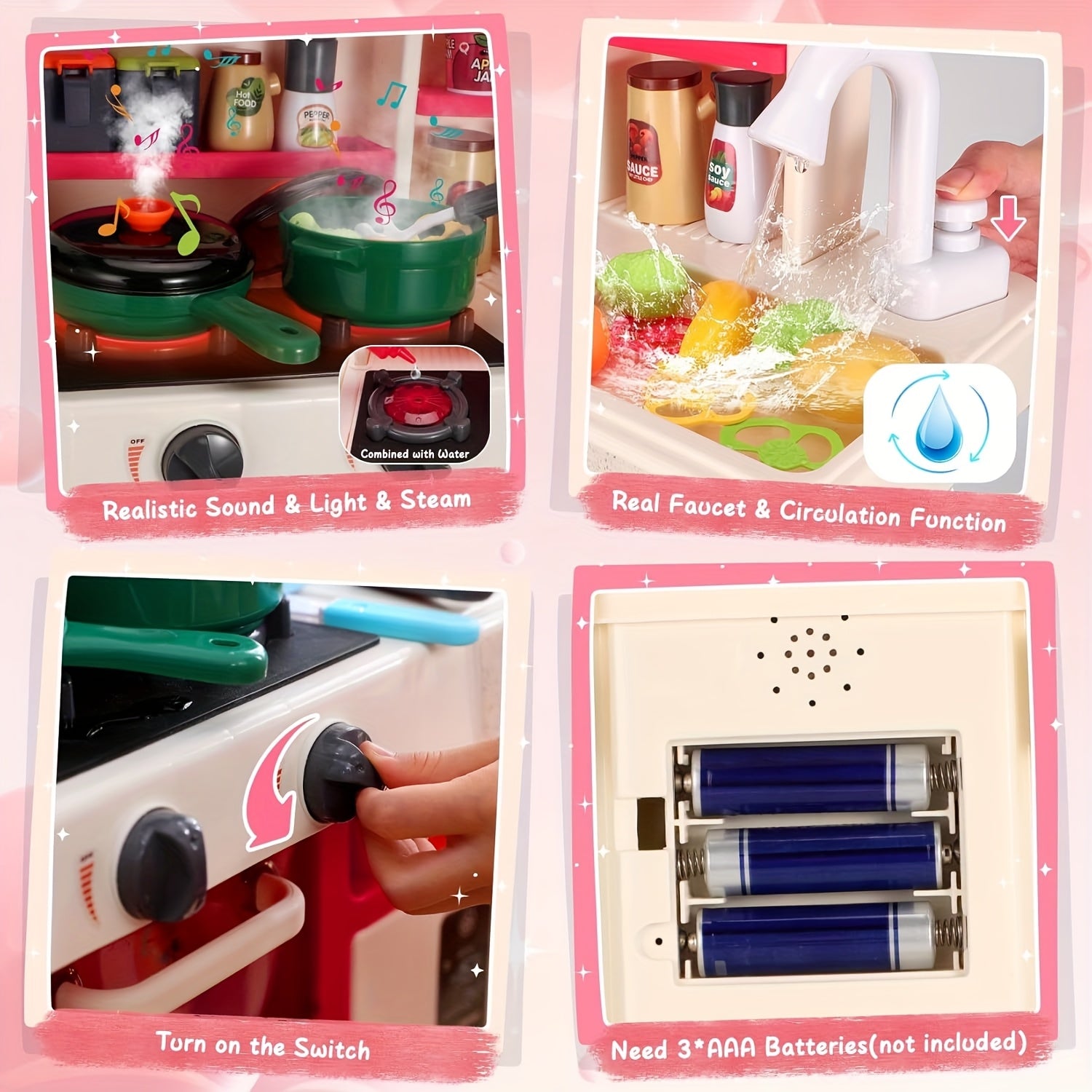 Kids Play Kitchen Set with Realistic Sound & Light Stove Sink Play Food