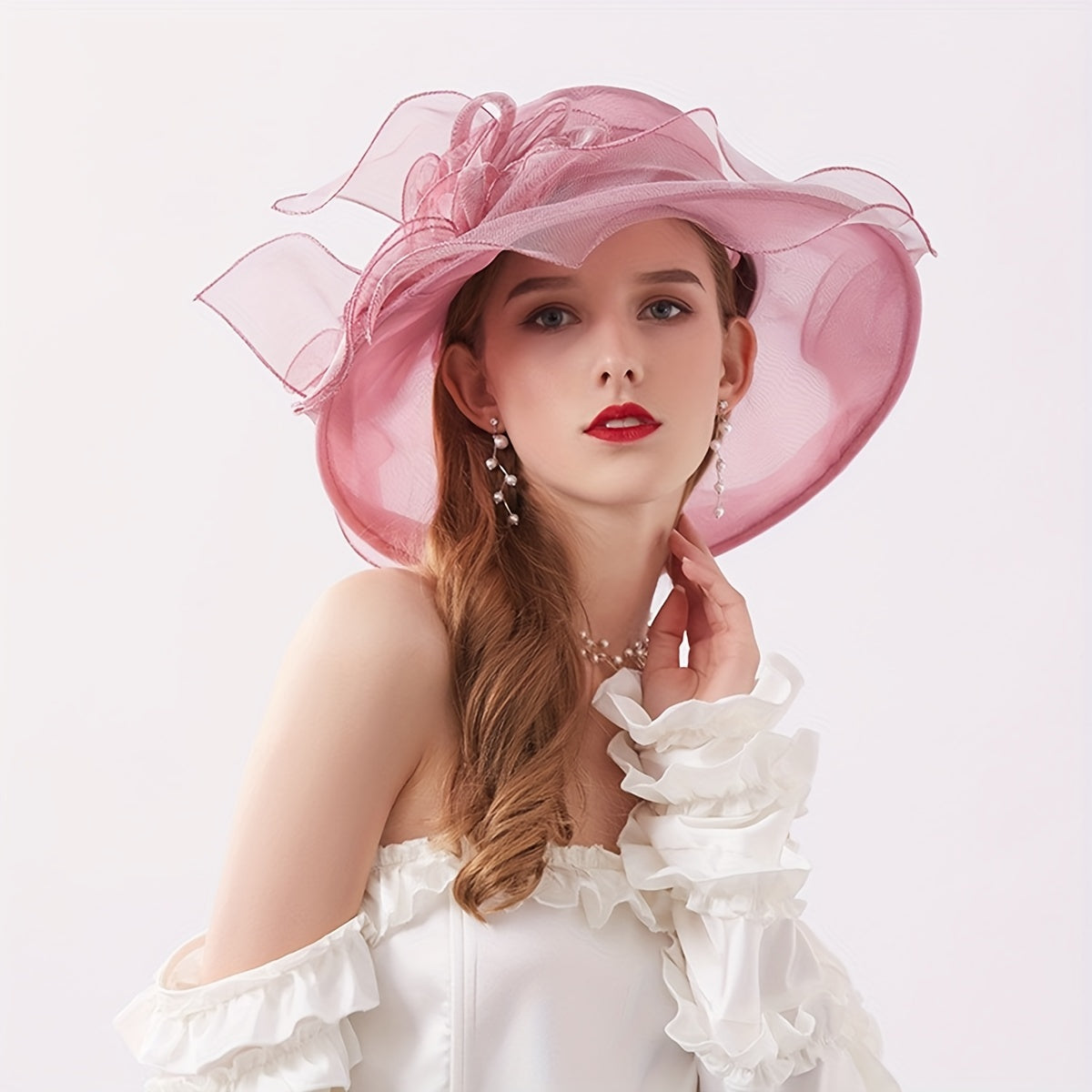 Foldable Sun Hat Flower Decor Organza Derby Hat Lightweight Church Hat