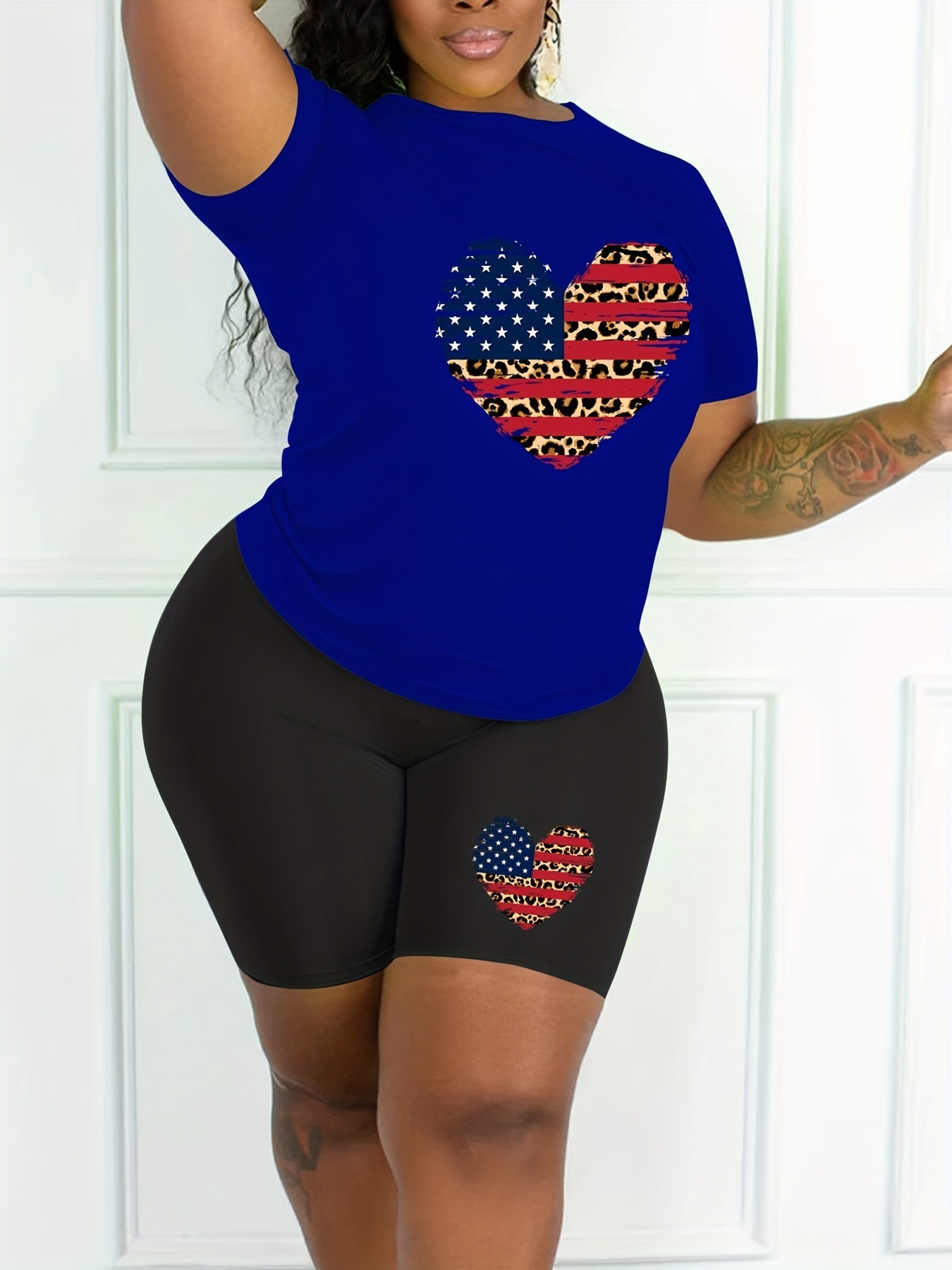  Colorblock Leopard & Heart & Flag Print Top & Shorts Set