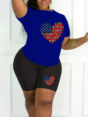  Colorblock Leopard & Heart & Flag Print Top & Shorts Set