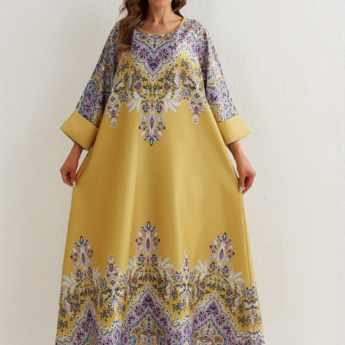  Floral Print Abaya Dress Women's Round Neck Loose Maxi Jalabiya