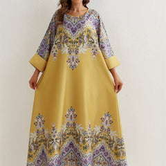  Floral Print Abaya Dress Women's Round Neck Loose Maxi Jalabiya