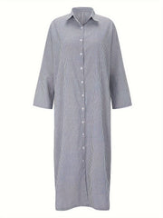  Stripe Print Button Up Long Sleeve Maxi Shirt Dress