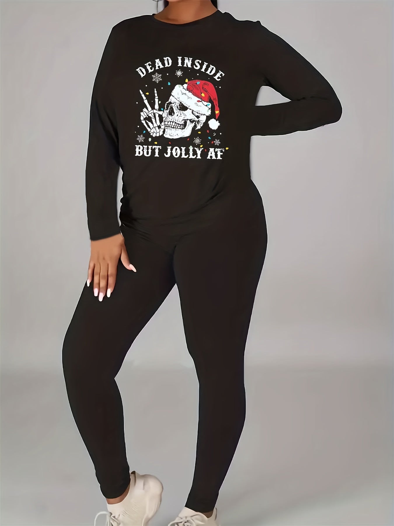  Christmas Outfits Set Women's Plus Christmas Hat Skull & Slogan Print