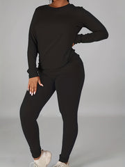 Solid Casual Two piece Set Crew Neck Long Sleeve Tops & Elastic Waist Pants