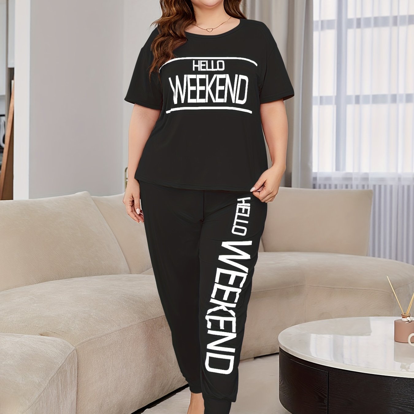  Letter Print T-shirt & Pants Pajama Set