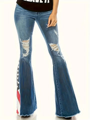 Plus Colorblock Flag Print Ripped High Stretch Flared Jeans