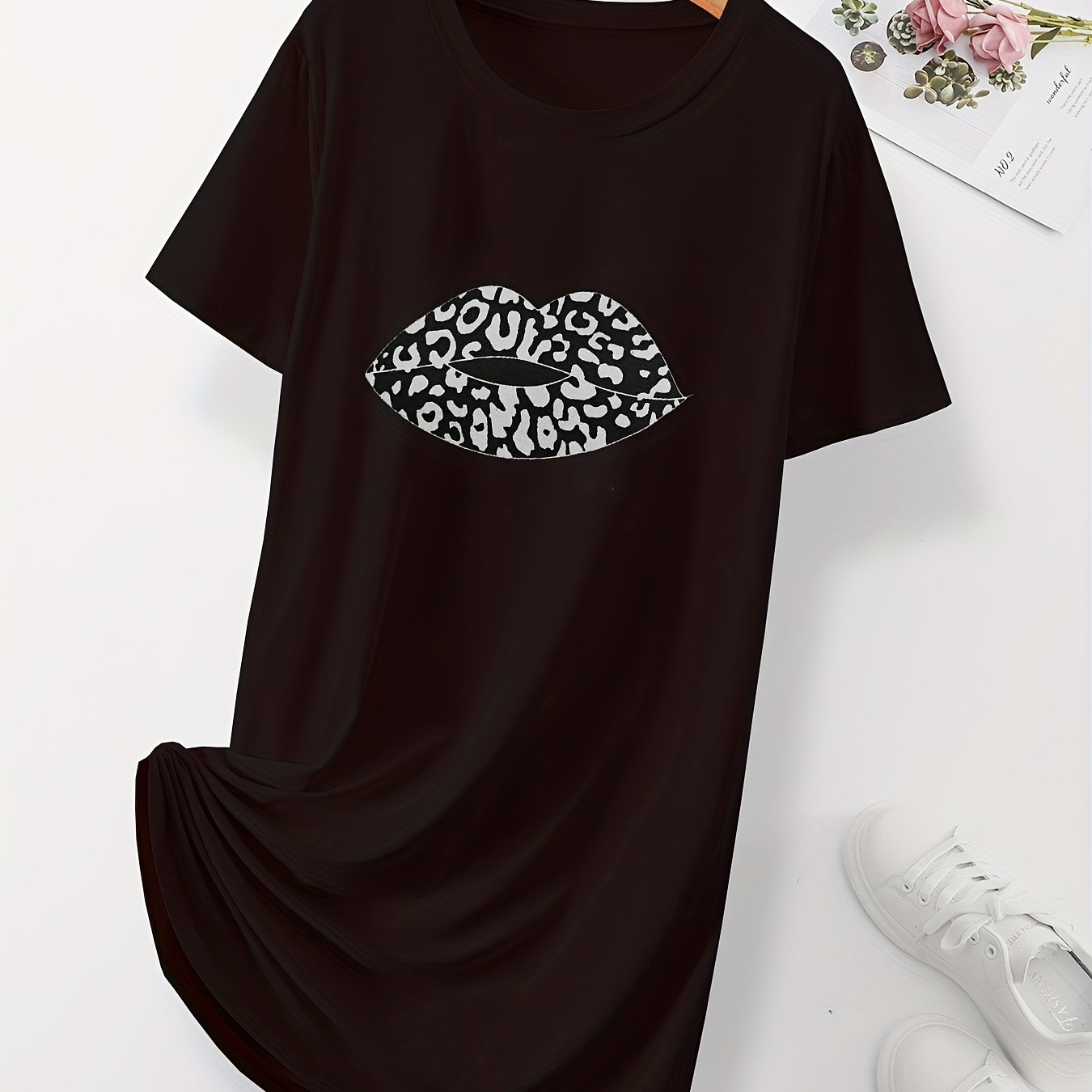  Women's Casual Nightdress Leopard Lip Print Short Sleeve Nightgown