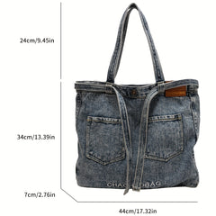 Denim Tote Bag Large Capacity Handbag Double Handle Shopping Shoulder Bag