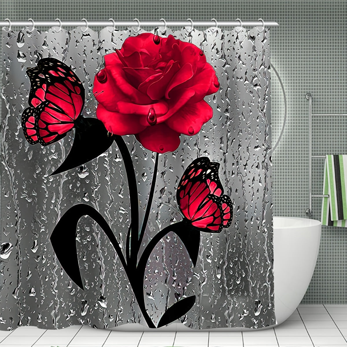 Rose Waterproof Bathmat & Shower Curtain Flowers Pattern Bath Curtain