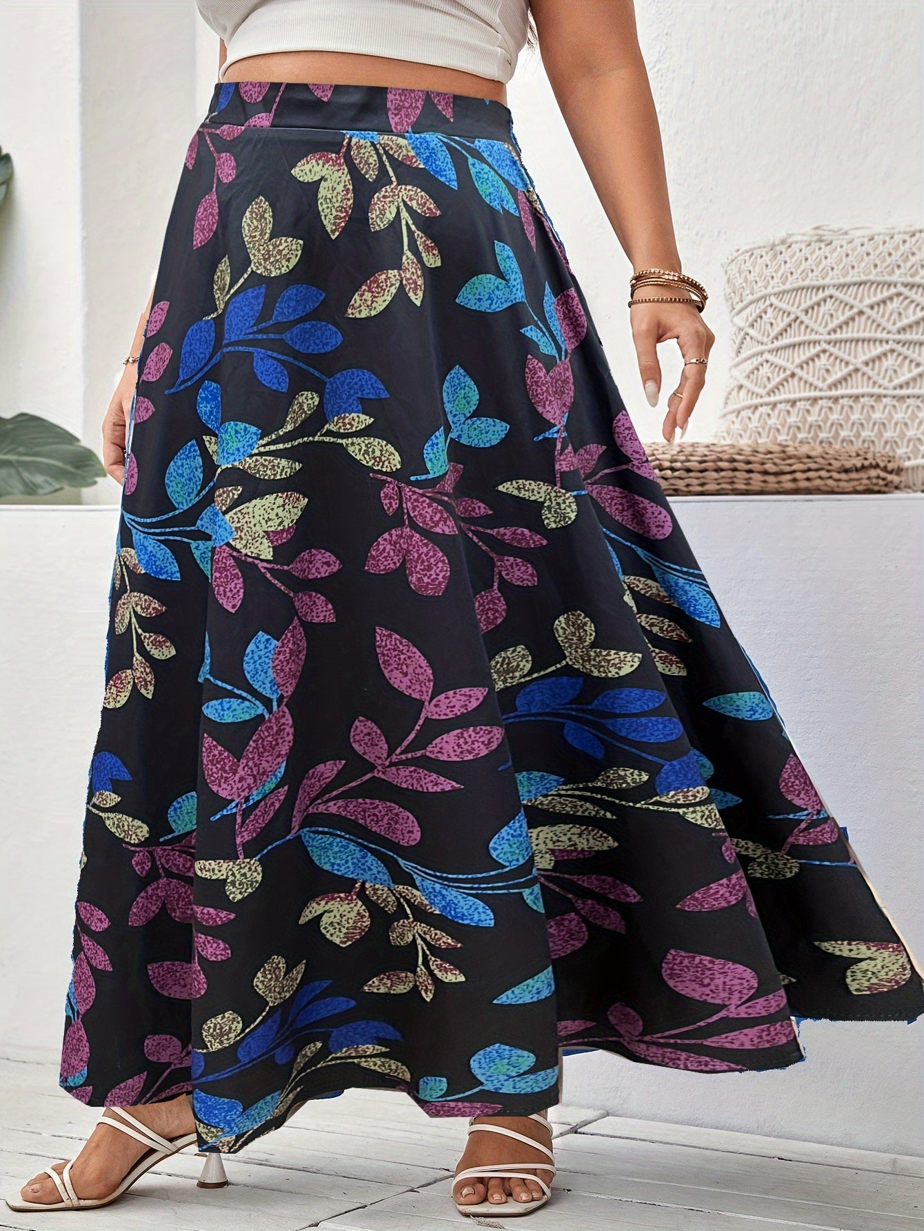  Leaf Print Elastic Waist Maxi Skirt