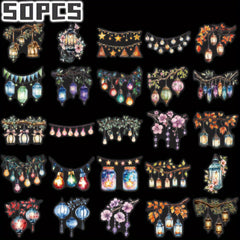 50pcs Lantern Themed Stickers Floral Heart Patterns Decal
