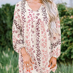Women's Plus Leopard Print Lantern Sleeve V Neck Mini Dress