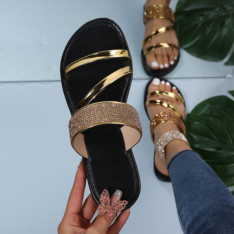 Rhinestone Slide Sandals Strappy Flat Slippers Open Toe Faux Leather Shoes