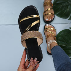 Rhinestone Slide Sandals Strappy Flat Slippers Open Toe Faux Leather Shoes