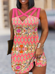  Casual Tank Dress Women's Plus Random Print Cut Out Criss Cross V Neck