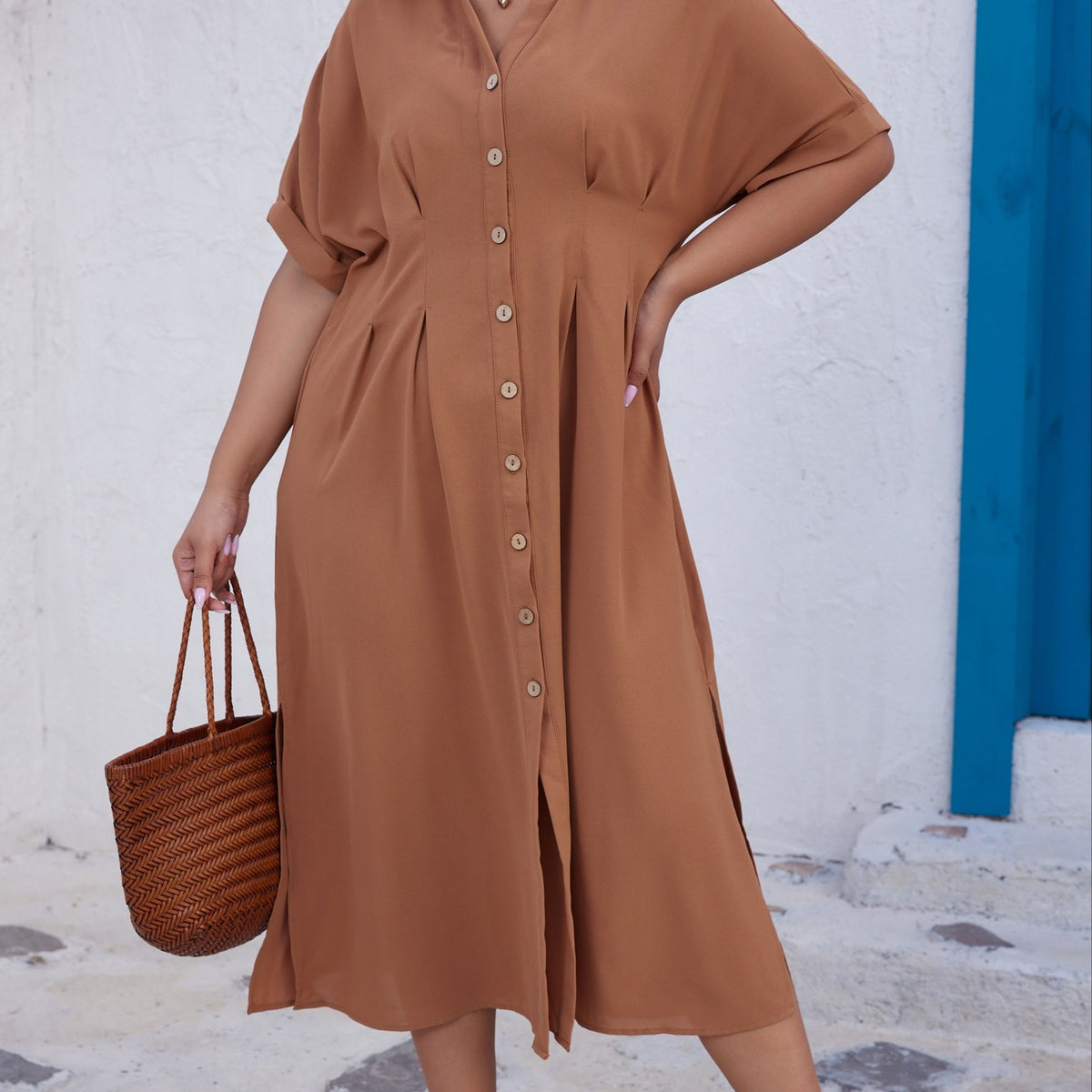  Solid Button Up Maxi Dress