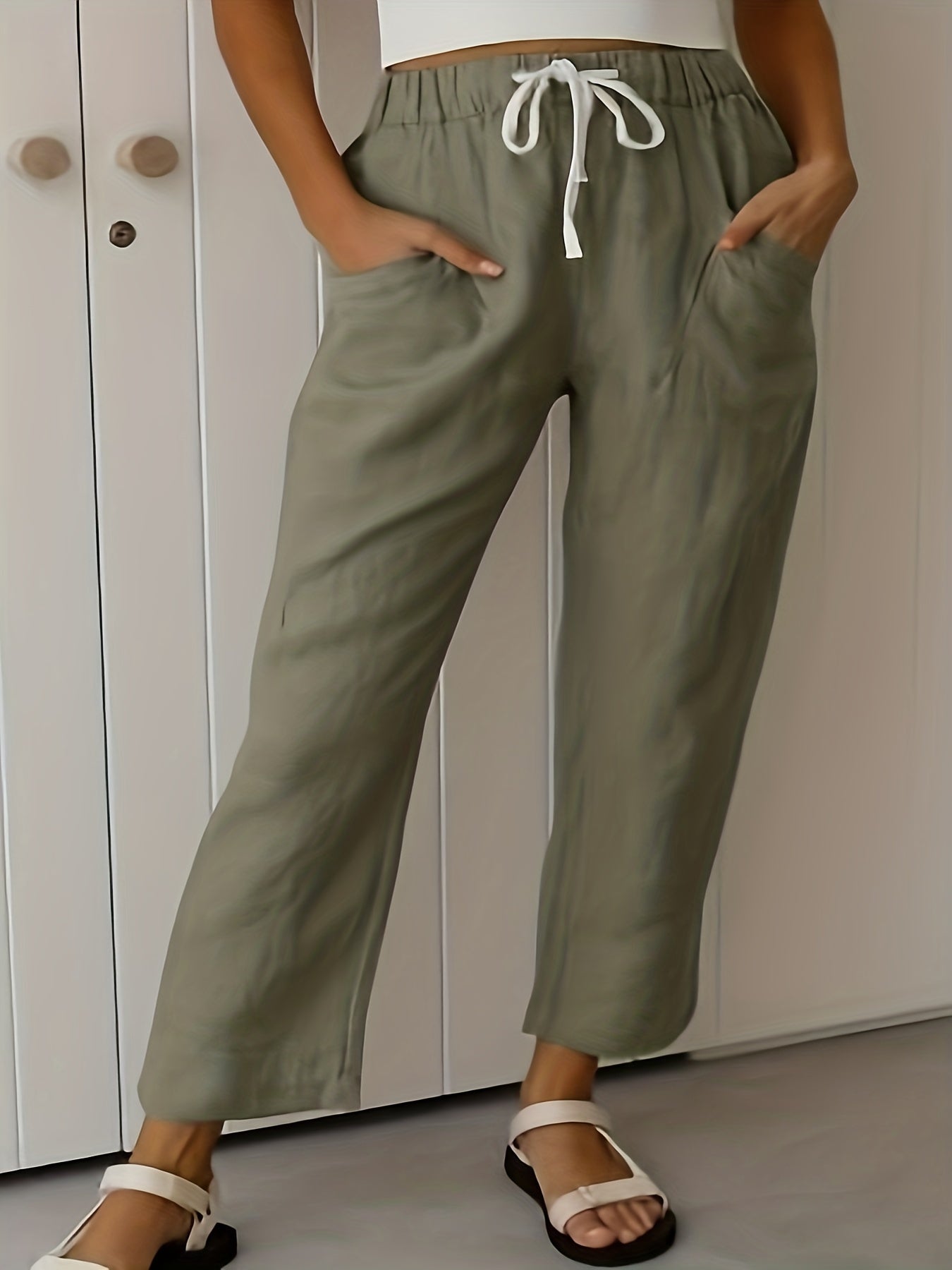  Casual Pants Women's Plus Solid Elastic Drawstring High Rise Loose