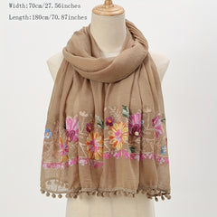 Flower Embroidery Vintage Scarf Boho Tassel Shawl Solid