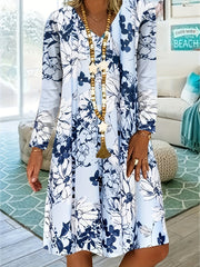  Floral Print Long Sleeve V Neck Casual Dress