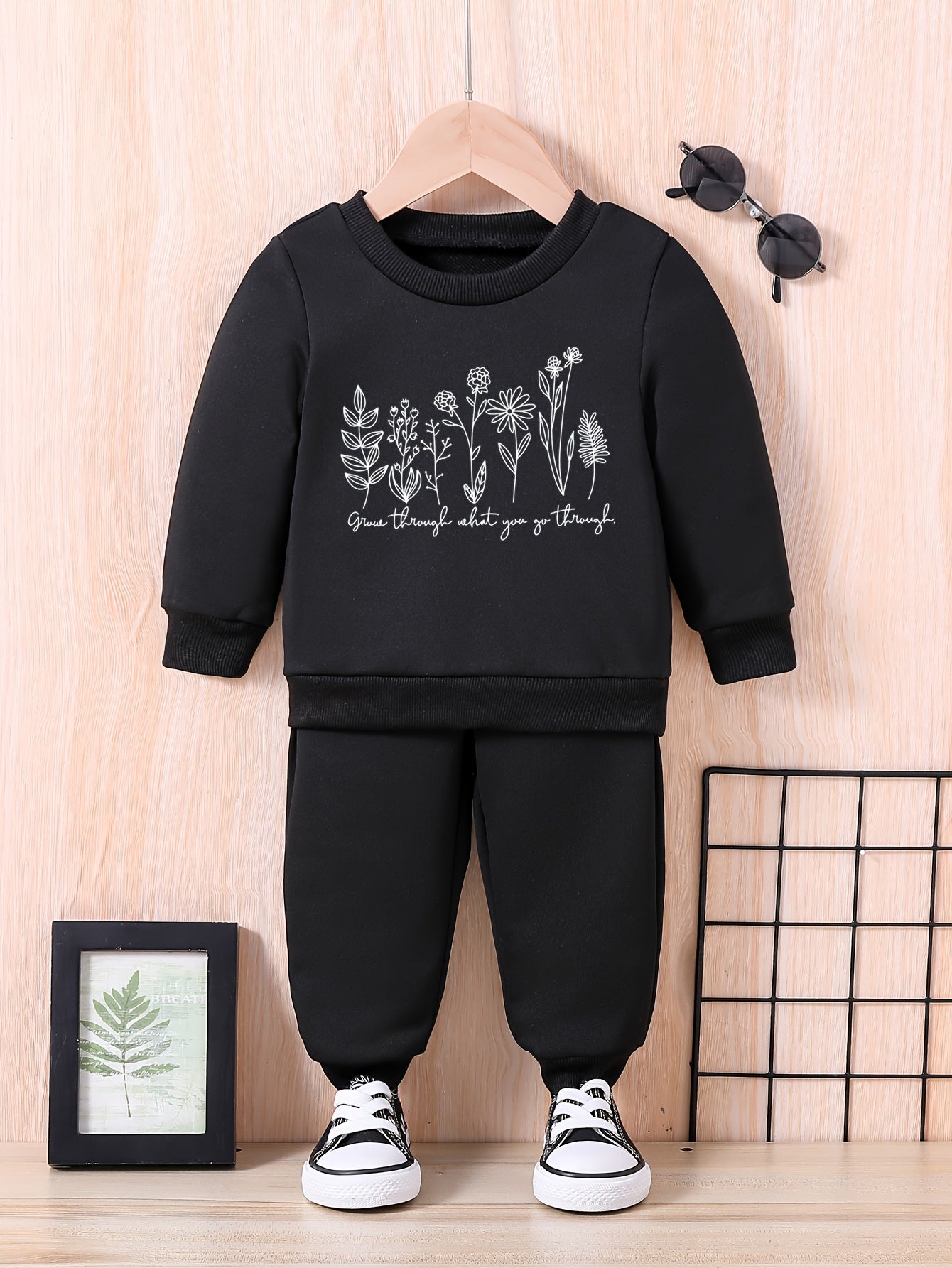 Baby Flowers Letter Print Sweatshirt Trousers Set