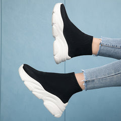 Women's High Top Knit Socks Sneakers Thick Botton Slip on Platform Shoes
