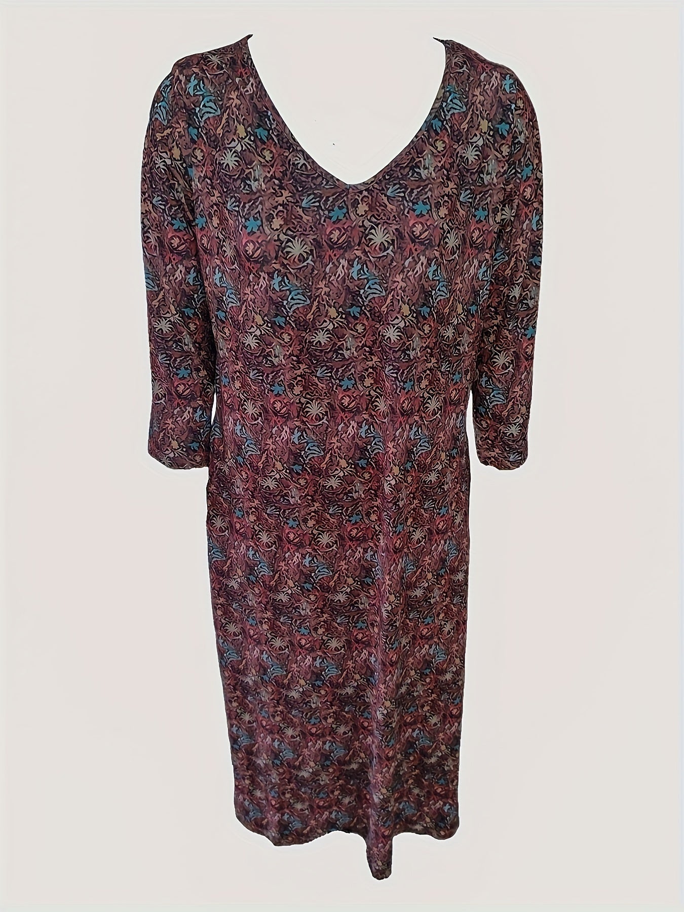  Allover Print Long Sleeve V Neck Maxi Dress