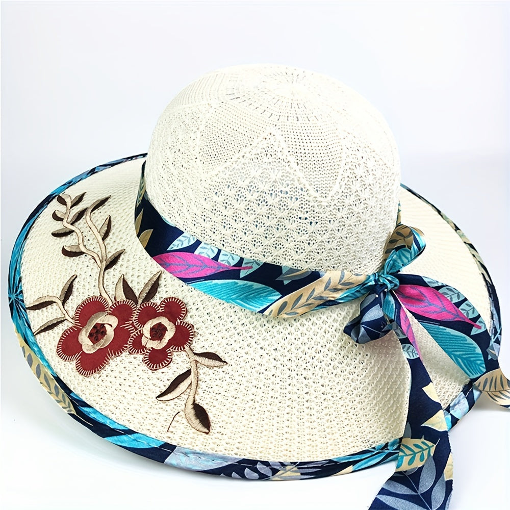 Vintage Flower Embroidery Sun Hat Beige Hollow Crochet Straw Hat UV Protection