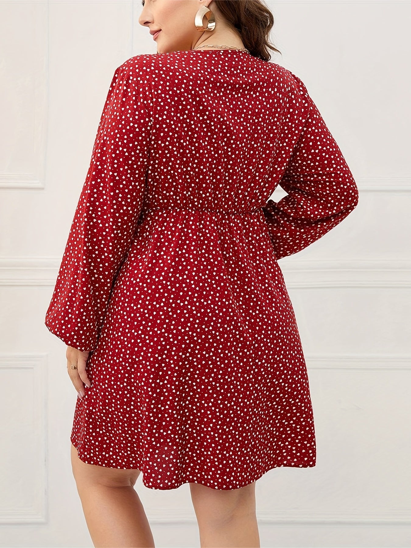  Heart Print Lantern Sleeve Dress