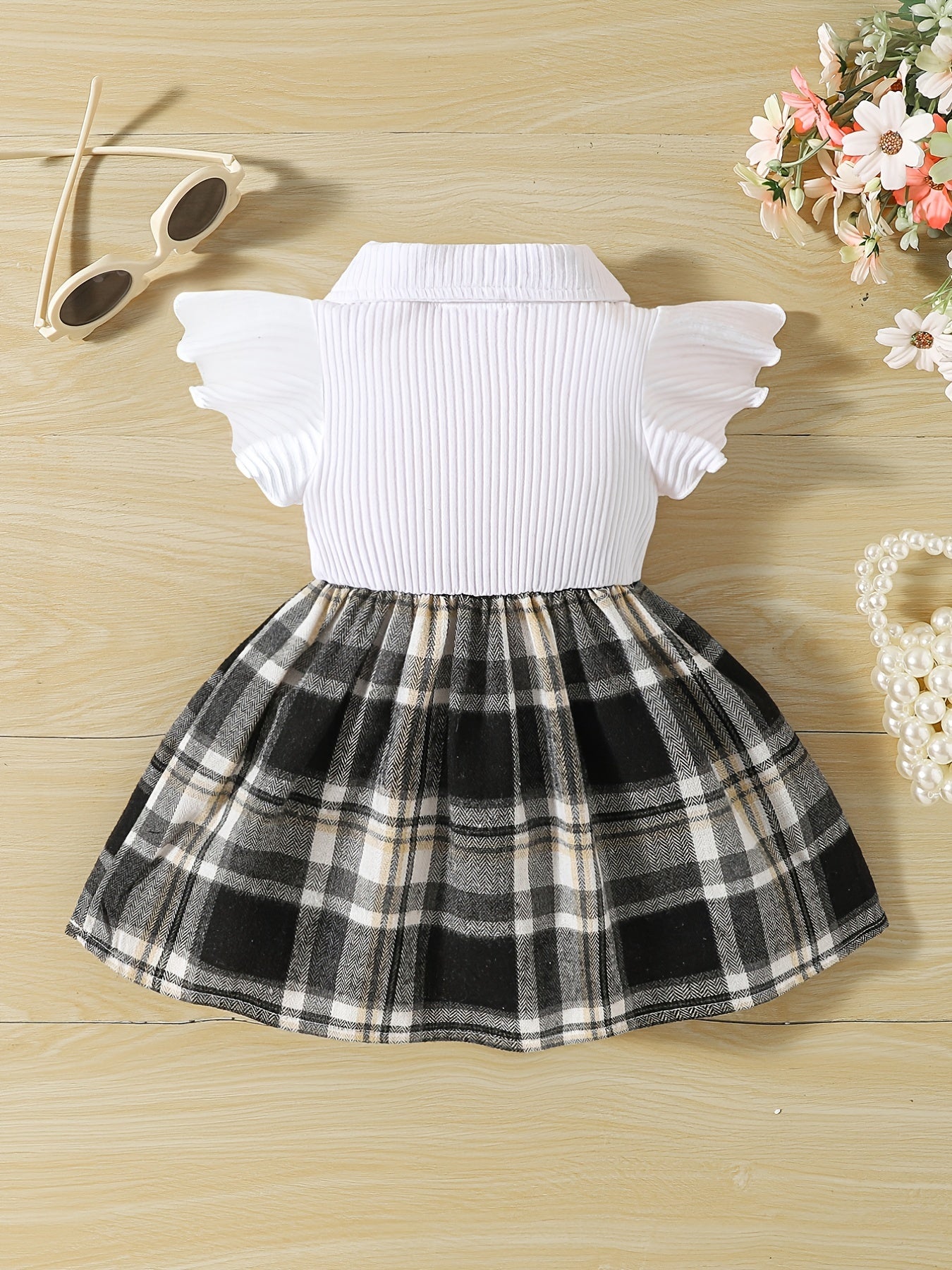 Girl's Casual Plaid Bowknot Flutter Sleeve Dress