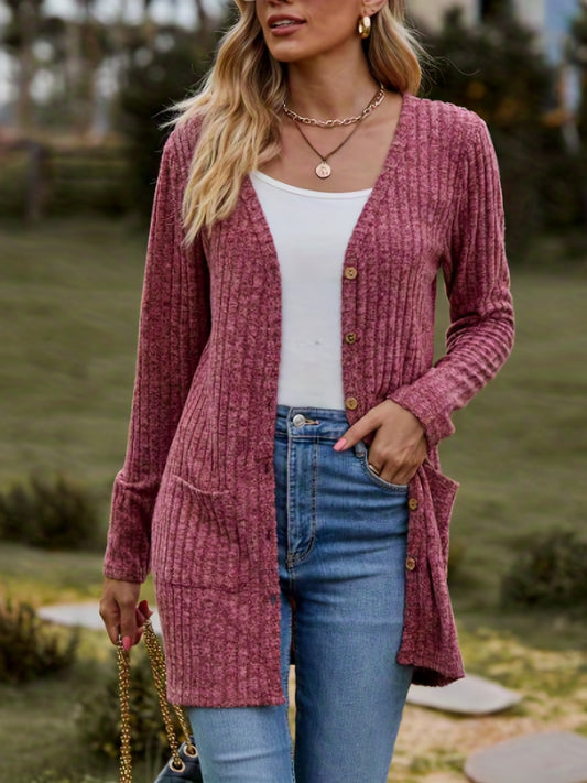  Ribbed Knit Button-Up Cardigan with Pockets