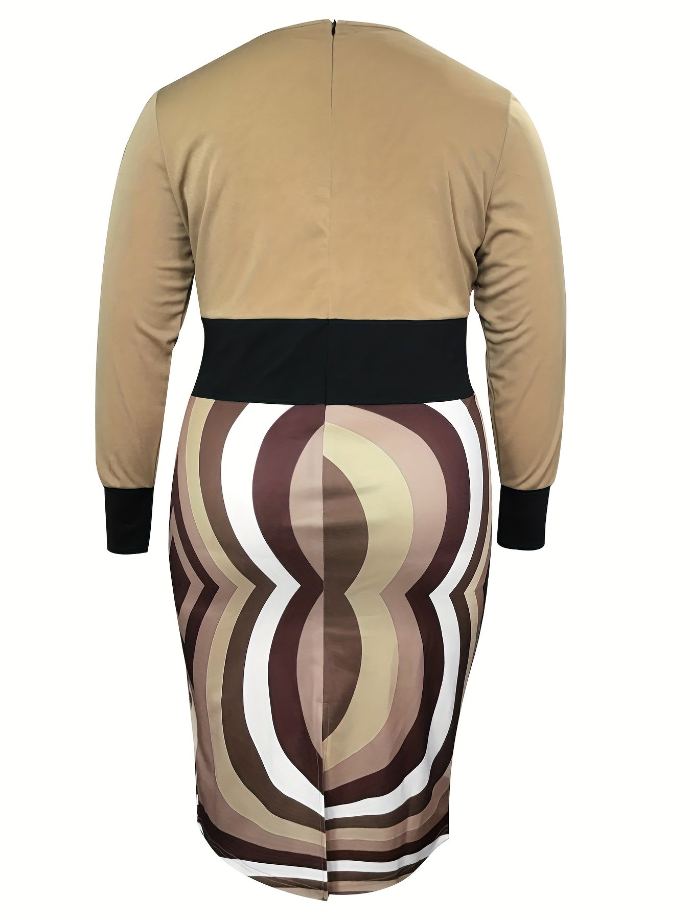  Colorblock Geometric Print Long Sleeve Slim Fit Dress