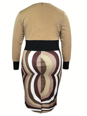  Colorblock Geometric Print Long Sleeve Slim Fit Dress