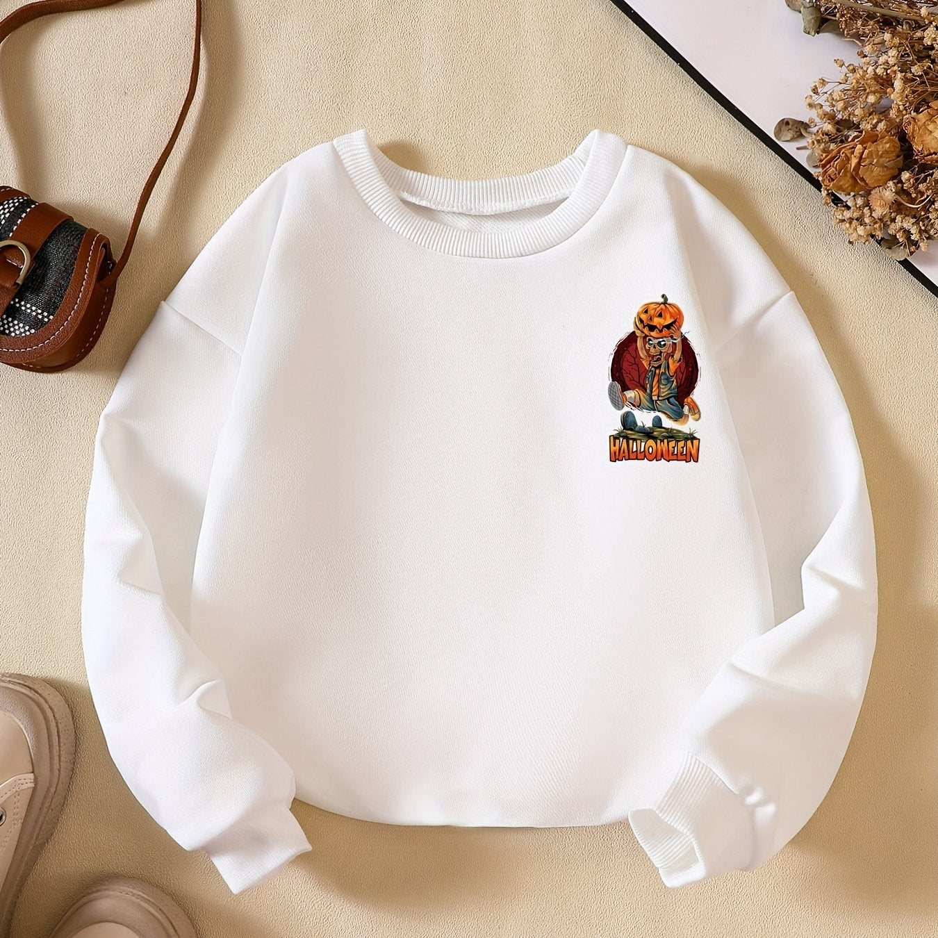 Boys Skeleton Pumpkin Print Sweatshirt Crew Neck Long Sleeve Pullover Top