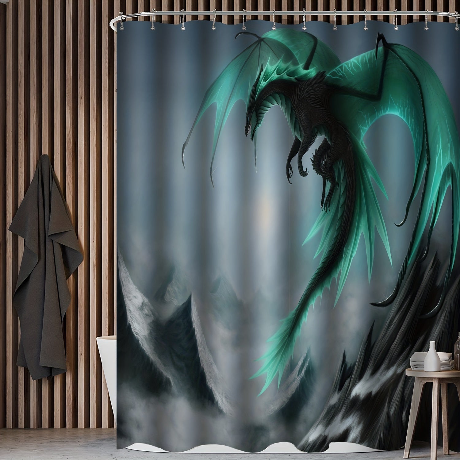 4pcs Waterproof Dragon Shower Curtain Set Flying Green Dragon Bath Mat