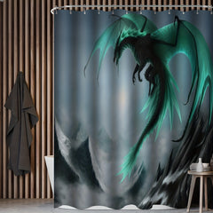 4pcs Waterproof Dragon Shower Curtain Set Flying Green Dragon Bath Mat