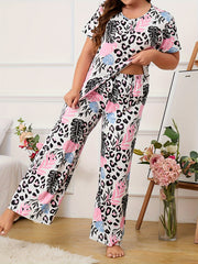  Leopard & Tropical Print Pajama Set Short Sleeve T shirt & Pants