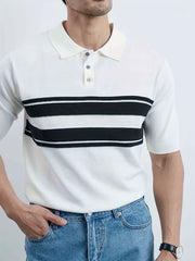 Striped Pattern Knit Short Sleeves Polo Shirt Men's Casual Lapel High Stretch