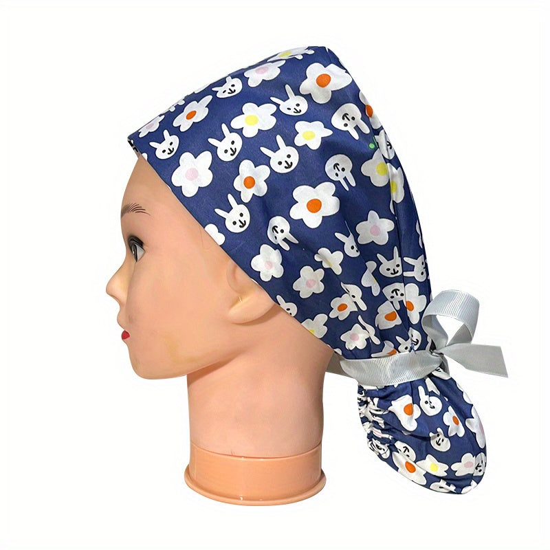 Cartoon Print Work Cap With Button For Women Long Hair