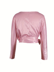  Satin Long Sleeve V Neck Tie Side Crop Wrap Blouse
