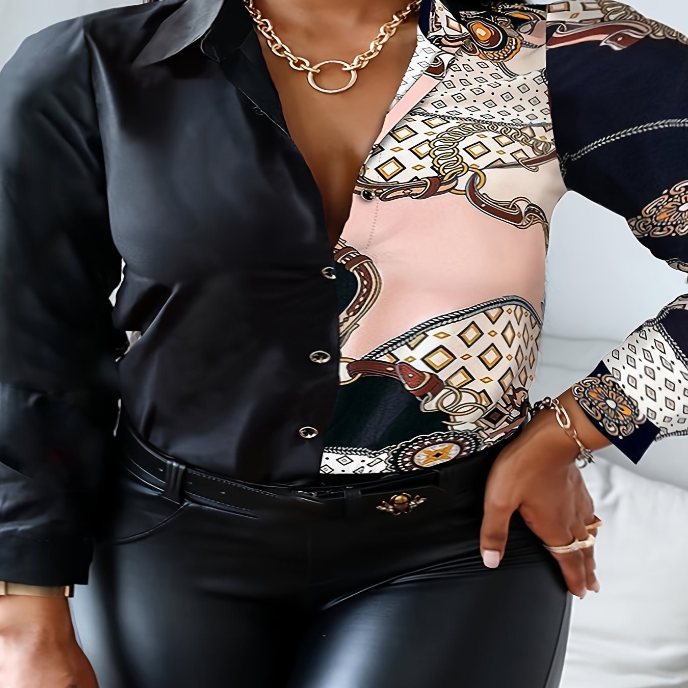  Colorblock Chain Print Long Sleeve Blouse