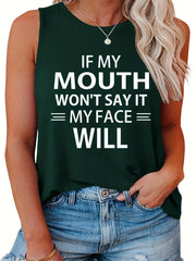  Casual Tank Top Women's Plus Slogan Print Round Neck Slight Stretch