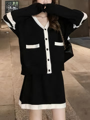 Button Up Cardigan & Knee Length Skirt Set for Women