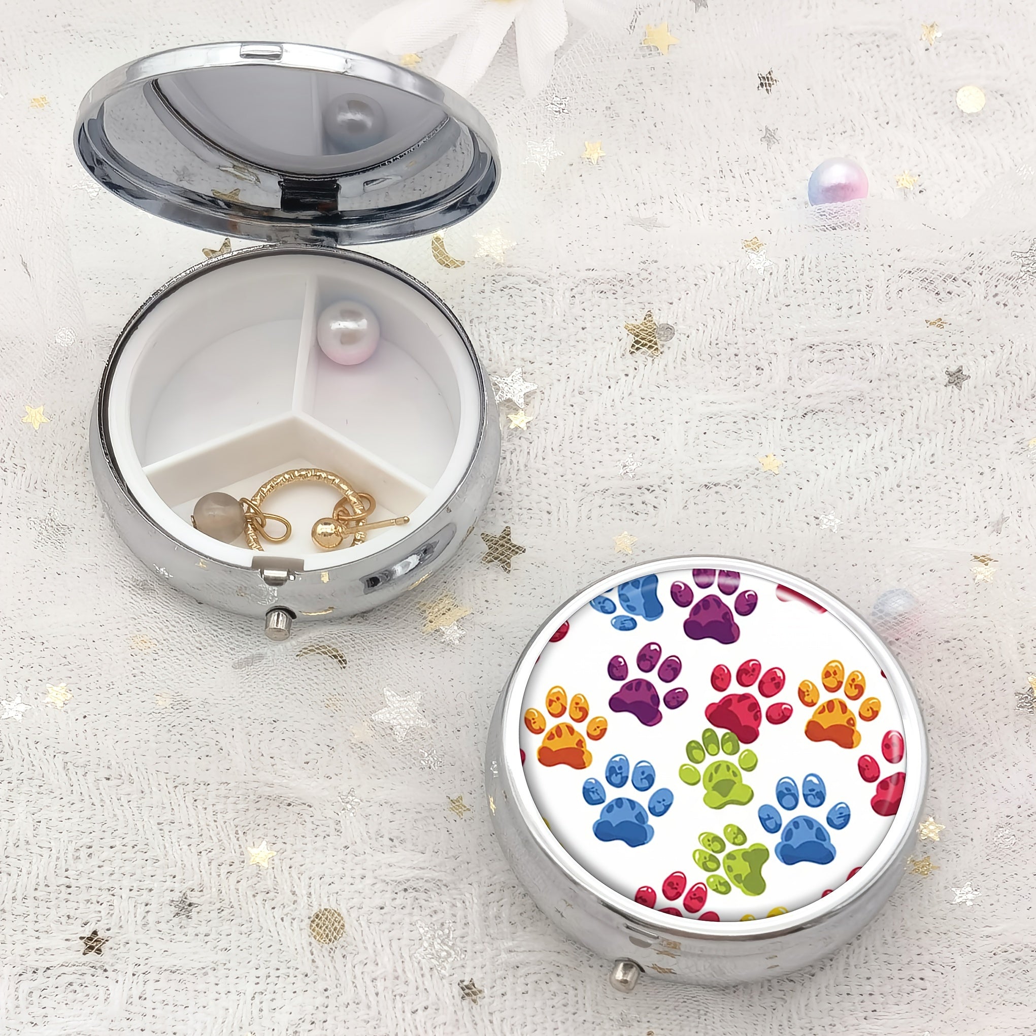 Colorful Dog Paw Print Round Pill Box Medicine Vitamin Organizer