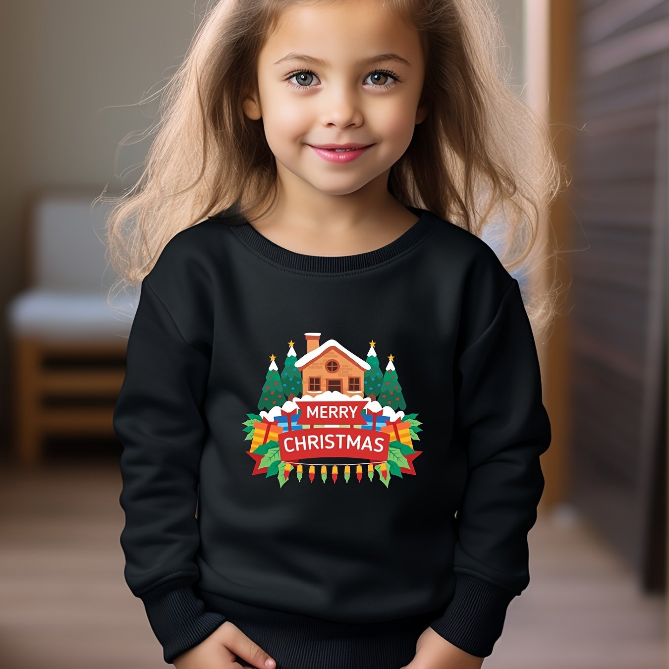 Christmas House & Tree Print Girls Sweatshirt Long Sleeve Crew Neck Top