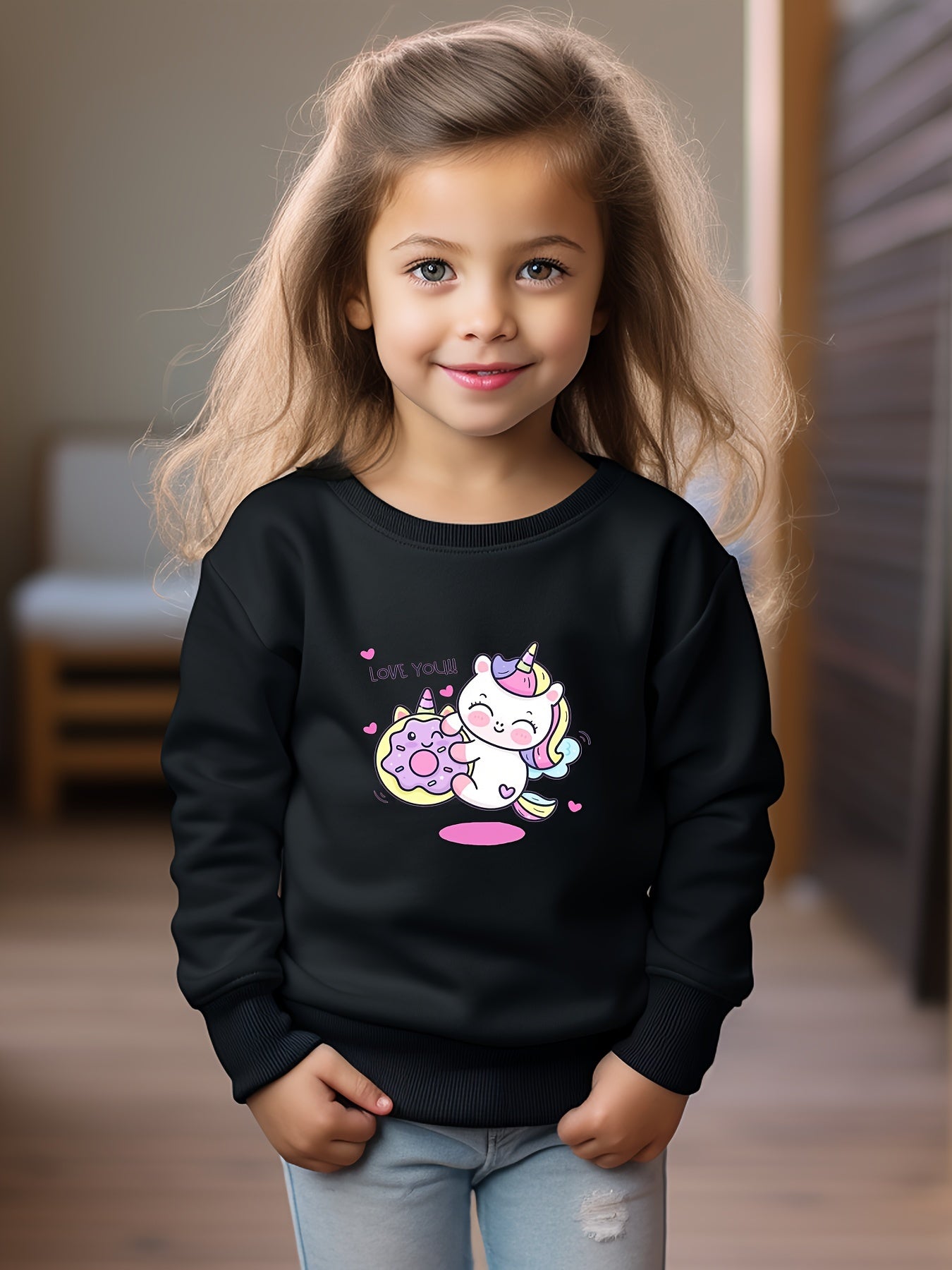 Adorable Unicorn Graphic Crew Neck Long Sleeve Sweatshirt for Kids