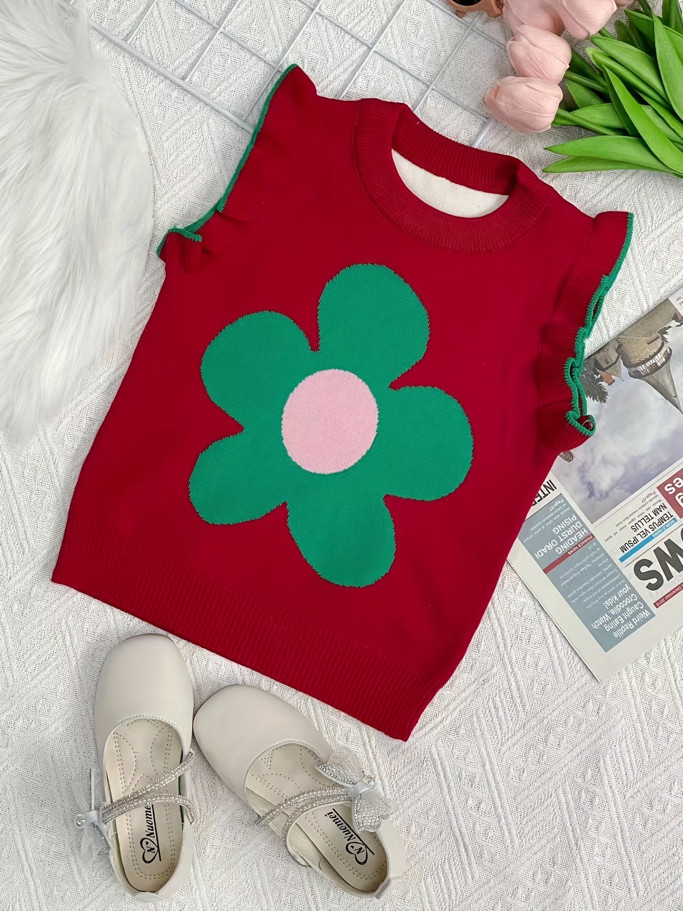 Girls Flower Graphic Knit Sweater Vest Sleeveless Ruffle Trim