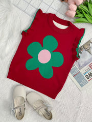 Girls Flower Graphic Knit Sweater Vest Sleeveless Ruffle Trim
