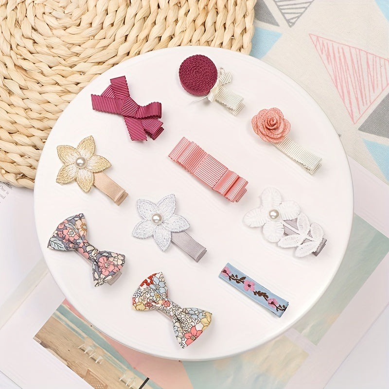 10pcs Girls' Flower Hairpin Bow Lace Faux Pearl Hair Clips