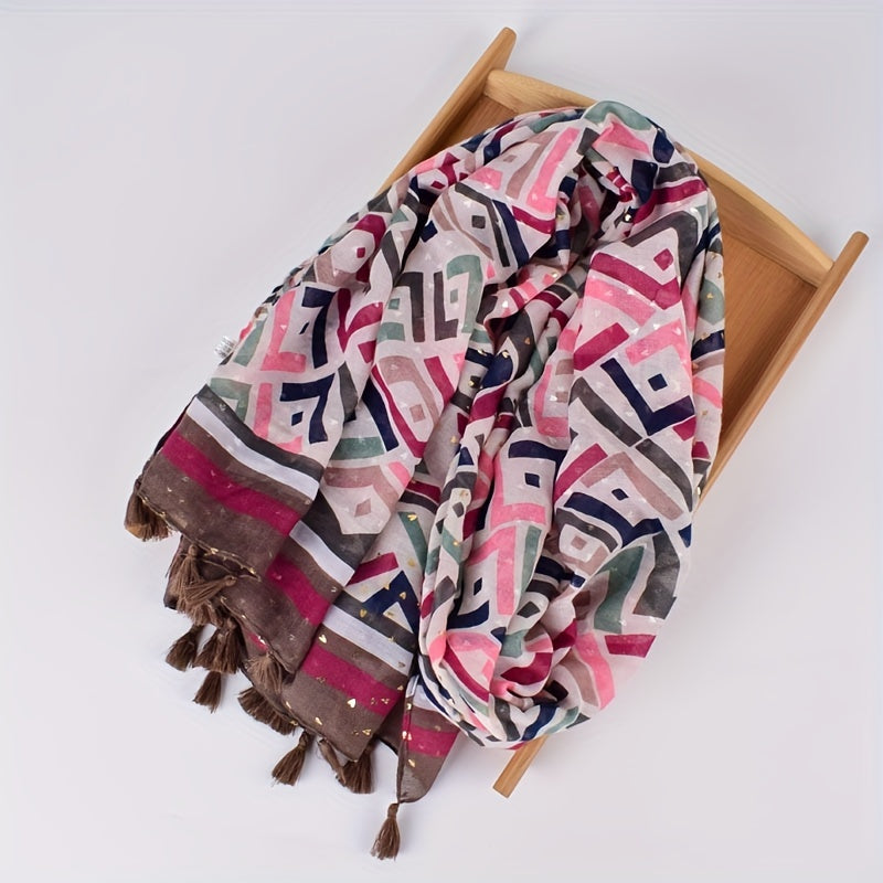 Boho Geometric Print Tassel Scarf - Vintage Style Shawl